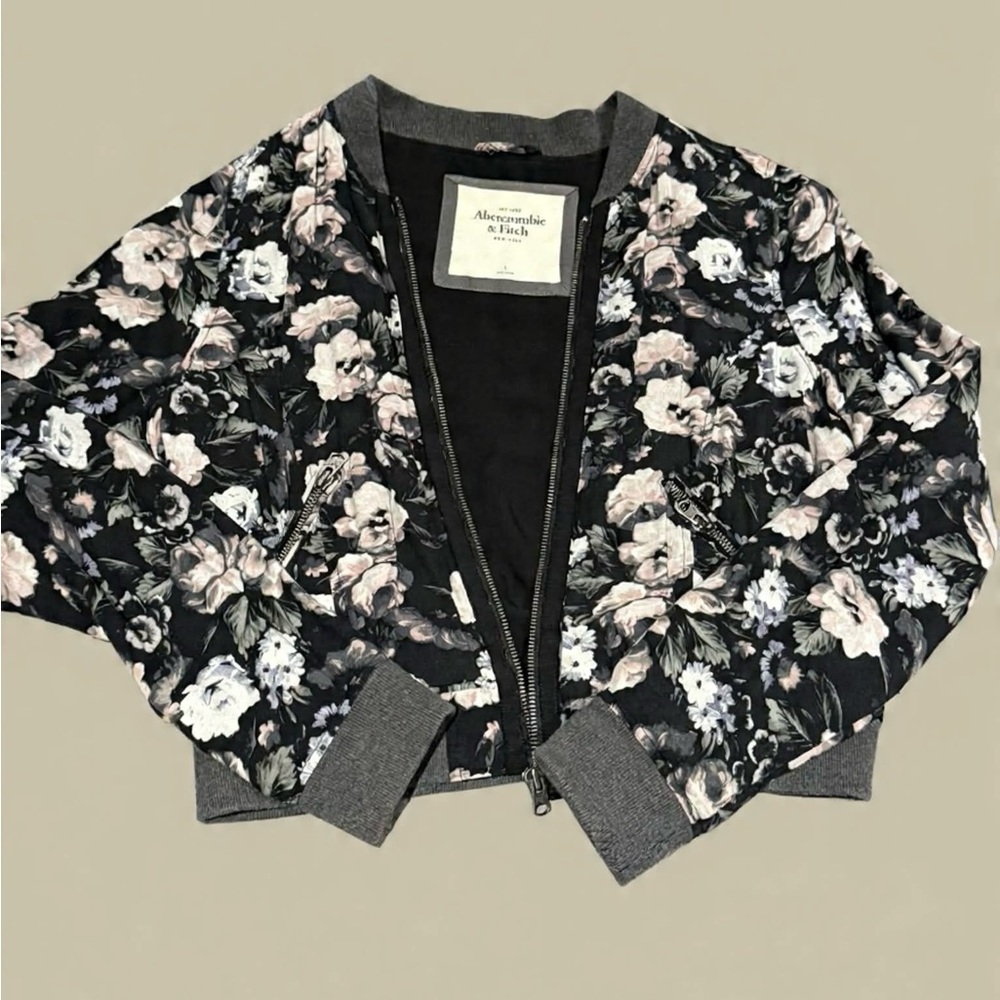 Abercrombie & Fitch Black Floral Satin Bomber Jacket